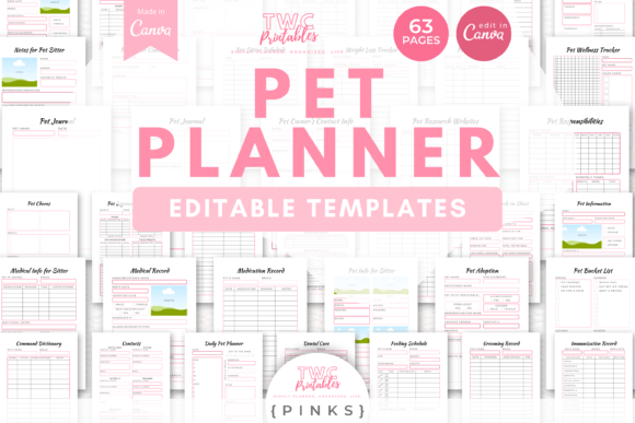 Pet Planner Canva Templates PINKS: Your Organized Pet Care Kit